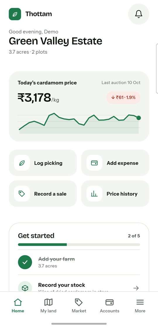 Thottam app home screen with today's cardamom price